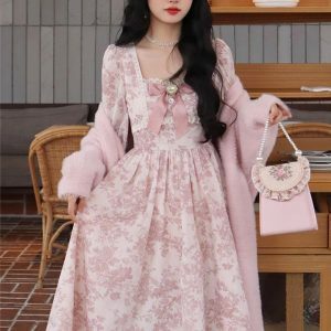 Vintage Square Collar Floral Dress - Waist Slimming, Spring & Autumn, Gentle Princess Style