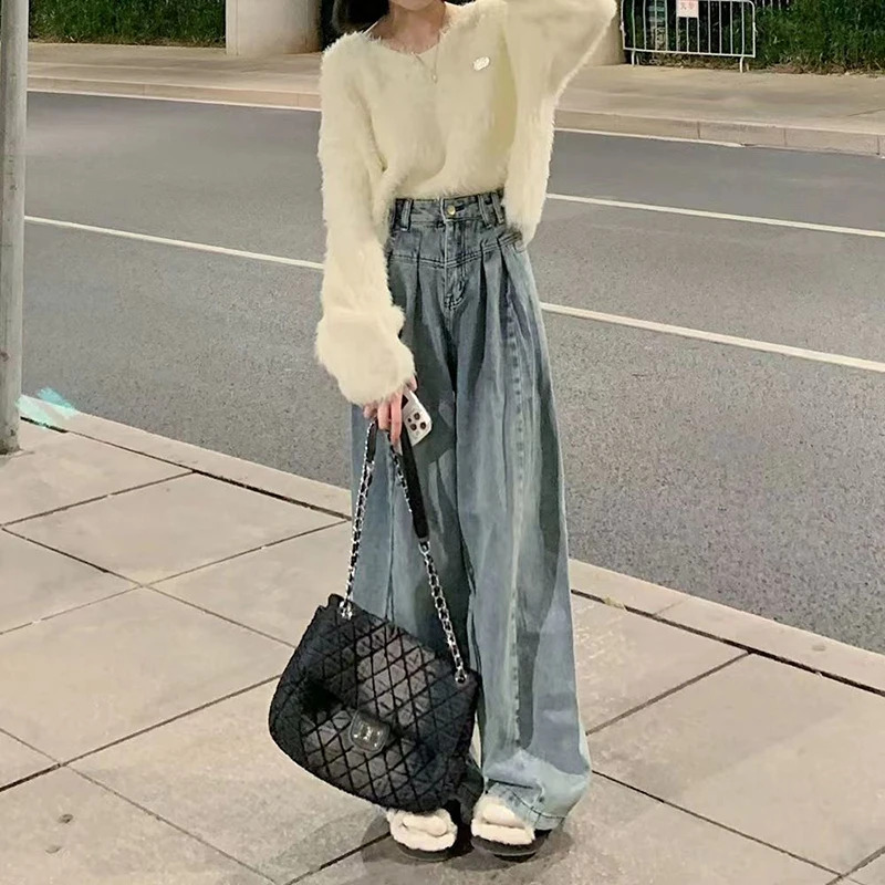 Vintage Y2K Blue Baggy Jeans Women High Waist Loose Denim Wide Leg Pants 90s Fashion Streetwear