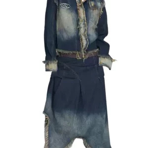 Vintage Y2K Denim Baddie Style 2-Piece Set: Single-Breasted Jean Jacket + Grunge