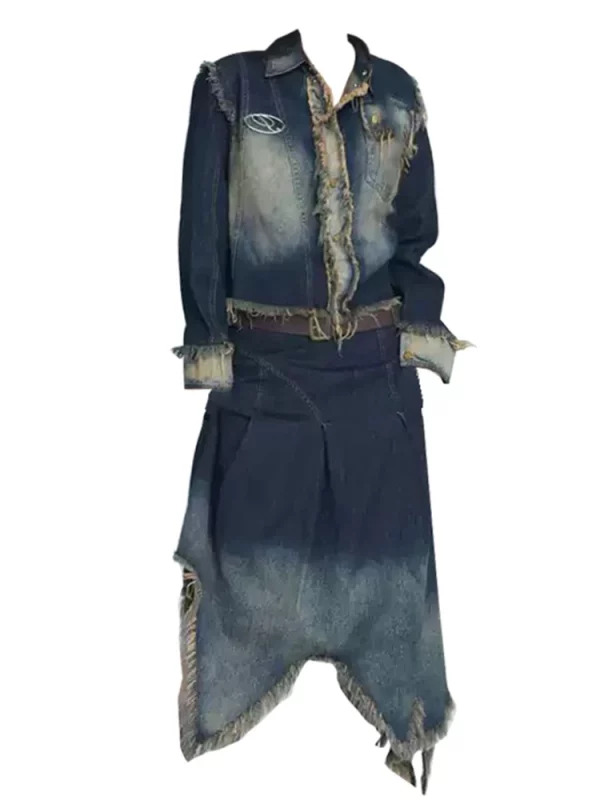 Vintage Y2K Denim Baddie Style 2-Piece Set: Single-Breasted Jean Jacket + Grunge