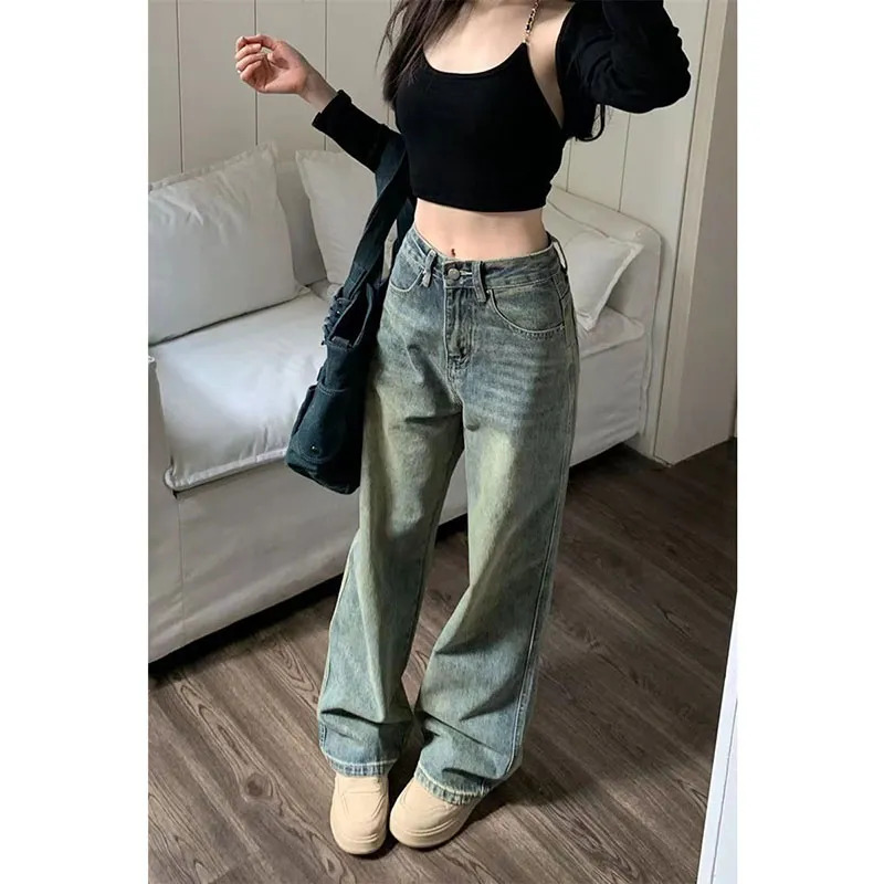 Vintage Y2K High Waist Baggy Straight Denim Trousers - 90s Grunge Wide Leg Jeans for Women Streetwear