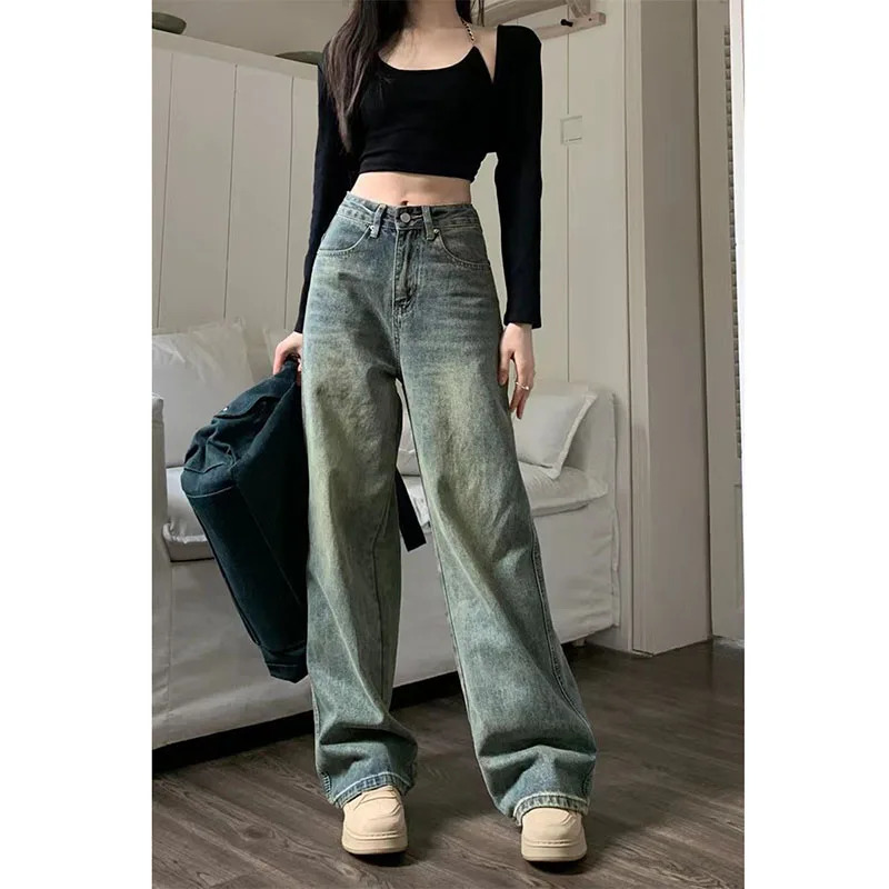 Vintage Y2K High Waist Baggy Straight Denim Trousers - 90s Grunge Wide Leg Jeans for Women Streetwear