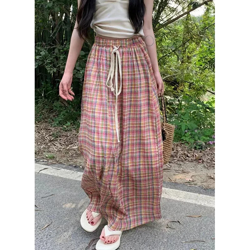 Vintage Y2K Plaid Skirt - Harajuku Streetwear, High Waist A-Line, Summer Elastic Long Skirt