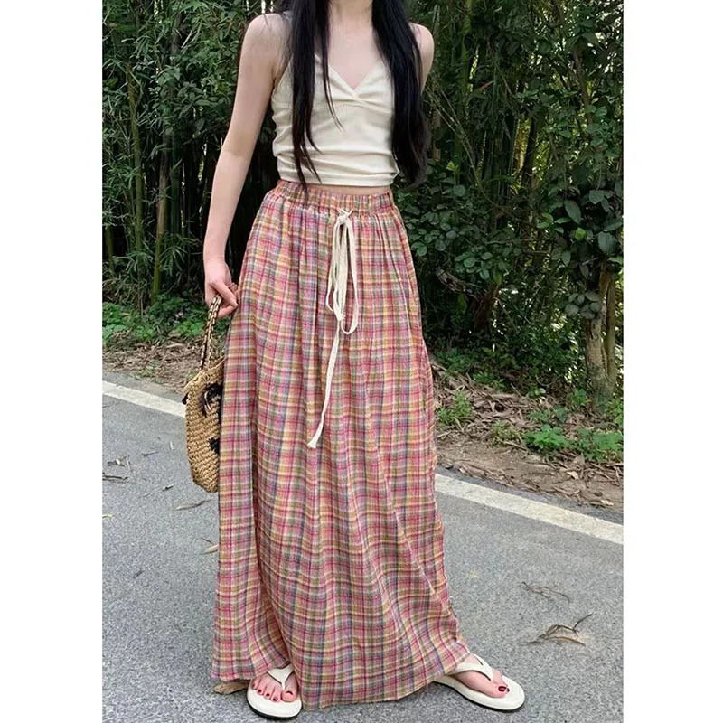 Vintage Y2K Plaid Skirt - Harajuku Streetwear, High Waist A-Line, Summer Elastic Long Skirt