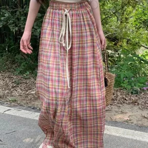 Vintage Y2K Plaid Skirt - Harajuku Streetwear, High Waist A-Line, Summer Elastic Long Skirt