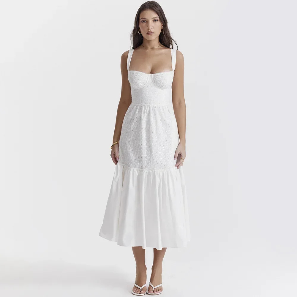 White Y2K Summer Dress - Linen-Cotton Blend Jacquard Midi for Retro 90s Fashion &