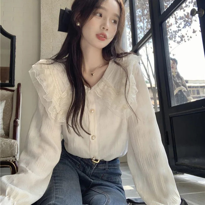 Women's Y2K White Chiffon Blouse - Sweet Lace Collar, Long Sleeve, Korean Chic Top