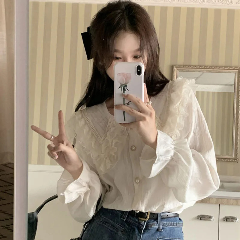 Women's Y2K White Chiffon Blouse - Sweet Lace Collar, Long Sleeve, Korean Chic Top