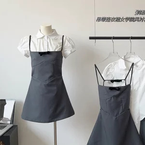 Y2K Aesthetic 2-Piece Set: Short Sleeve Shirt + Backless Halter Dress