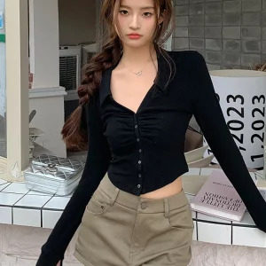 Y2K Aesthetic Autumn Women's Korean Fashion Crop Shirt - Sexy Long Sleeve Streetwear Blouse Top