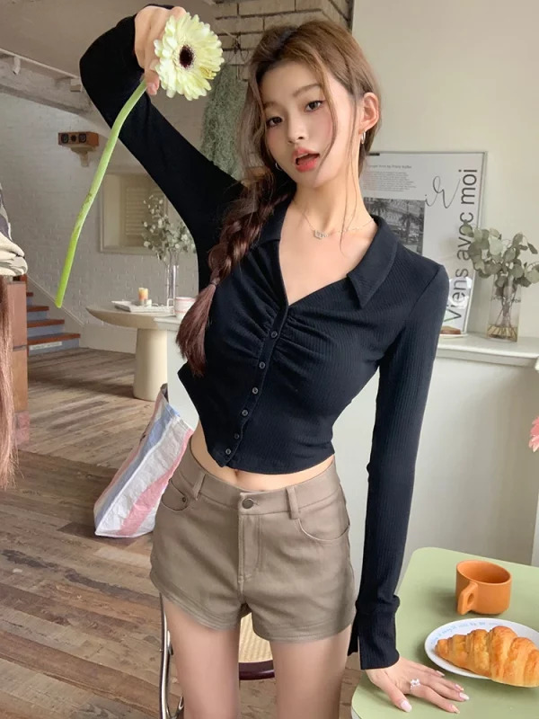 Y2K Aesthetic Autumn Women's Korean Fashion Crop Shirt - Sexy Long Sleeve Streetwear Blouse Top