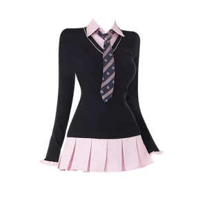 Y2K Aesthetic Black Pink Mini Dress with Tie - Kpop Preppy Style Gyaru Outfit