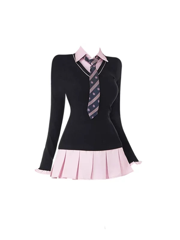 Y2K Aesthetic Black Pink Mini Dress with Tie - Kpop Preppy Style Gyaru Outfit