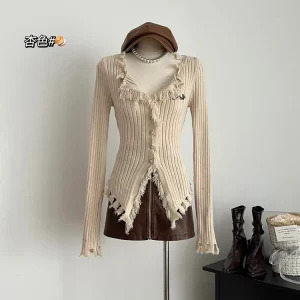 Y2K Aesthetic Cardigan with Tassels - Vintage American Style Sweater