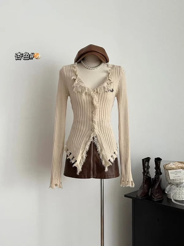 Y2K Aesthetic Cardigan with Tassels - Vintage American Style Sweater