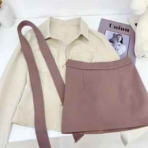 Y2K Aesthetic Contrast Color 2-Piece Set: Long Sleeve Blouse + Slim Mini Skirt