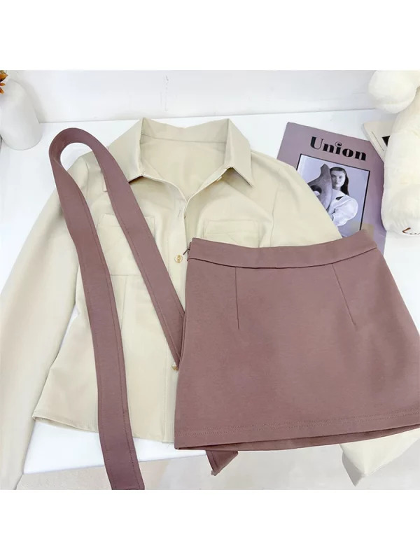 Y2K Aesthetic Contrast Color 2-Piece Set: Long Sleeve Blouse + Slim Mini Skirt