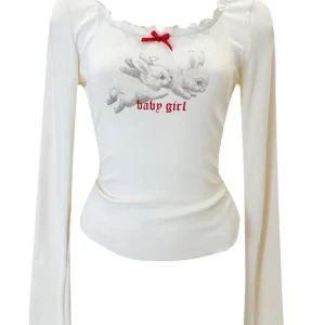 Y2K Aesthetic Coquette Graphic T-Shirt - Autumn Women's Korean Fashion Fairycore Crop Top