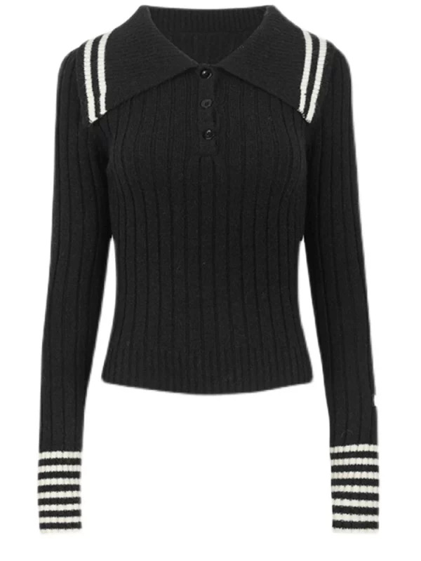 Y2K Aesthetic Cropped Sweater - Autumn Winter Women's Polo Collar Jumper - Korean Fashion Knitwear