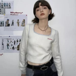 Y2K Aesthetic Cropped Sweater - Vintage 90s Grunge Style Square Collar Jumper