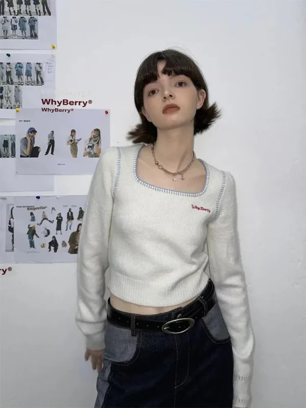 Y2K Aesthetic Cropped Sweater - Vintage 90s Grunge Style Square Collar Jumper