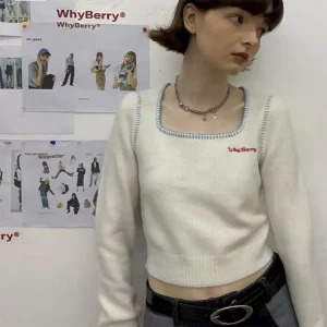 Y2K Aesthetic Cropped Sweater - Vintage 90s Grunge Style Square Collar Jumper