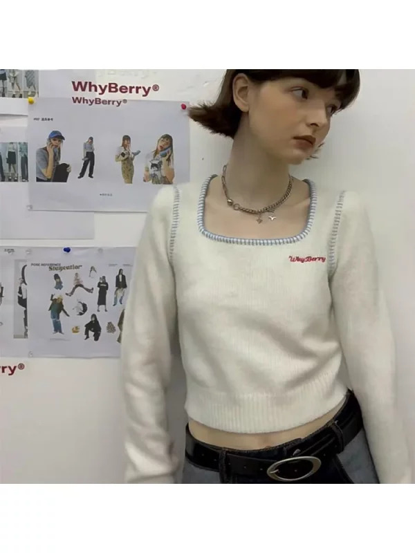 Y2K Aesthetic Cropped Sweater - Vintage 90s Grunge Style Square Collar Jumper