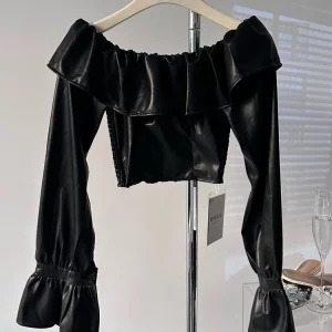 Y2K Aesthetic Cyber Punk Ruffle Shirt - Autumn Women's Grunge Faux Leather Blouse