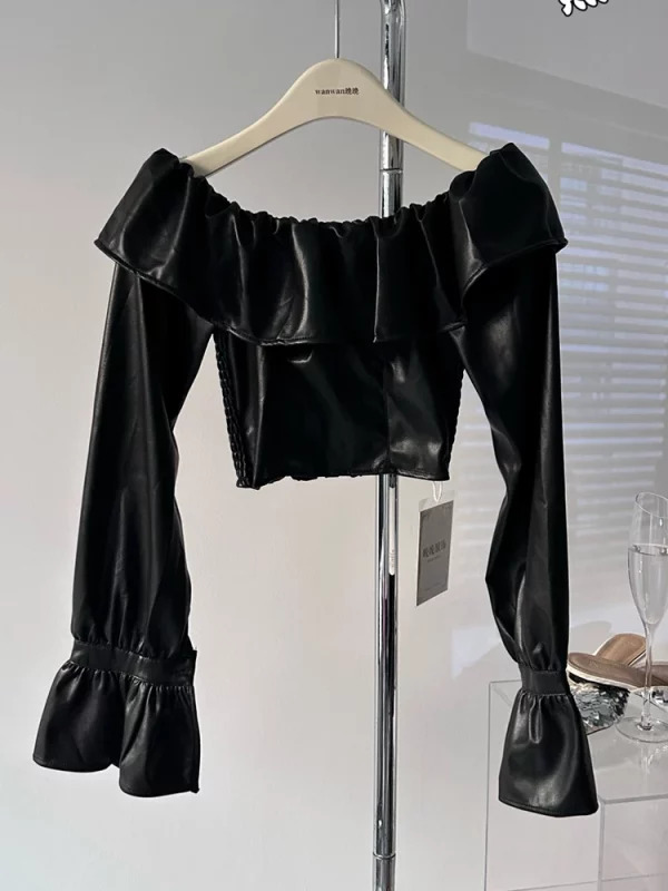 Y2K Aesthetic Cyber Punk Ruffle Shirt - Autumn Women's Grunge Faux Leather Blouse