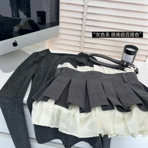 Y2K Aesthetic Dark Academia 2-Piece Set: Long Sleeve Top + A-line Patchwork Mini Skirt