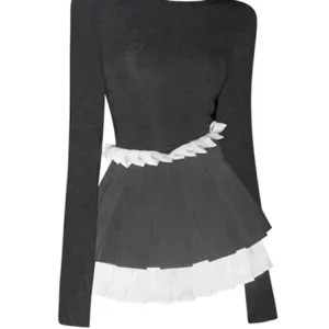 Y2K Aesthetic Dark Academia 2-Piece Set: Long Sleeve Top + A-line Patchwork Mini Skirt