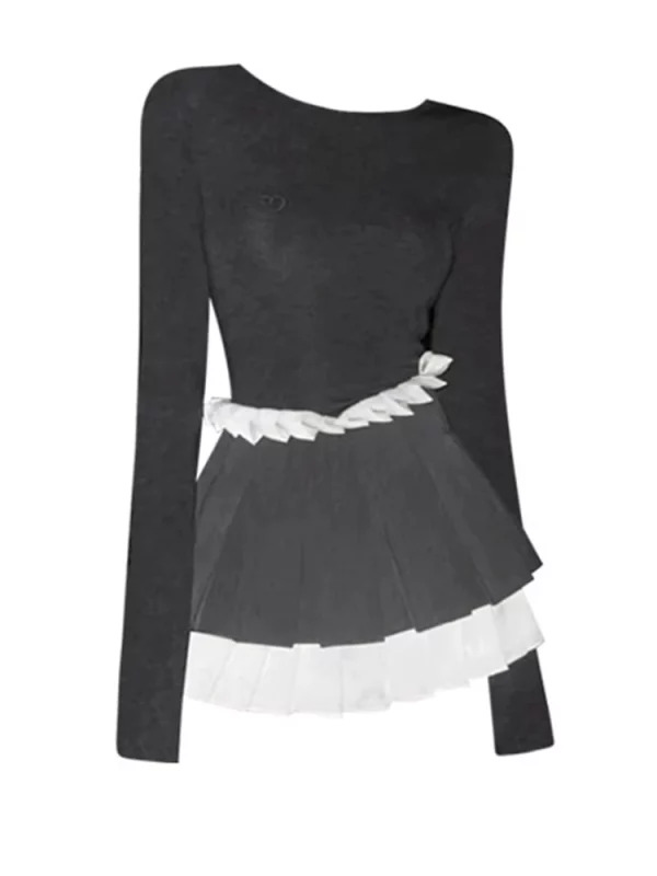 Y2K Aesthetic Dark Academia 2-Piece Set: Long Sleeve Top + A-line Patchwork Mini Skirt