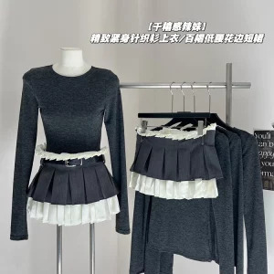 Y2K Aesthetic Dark Academia 2-Piece Set: Long Sleeve Top + A-line Patchwork Mini Skirt