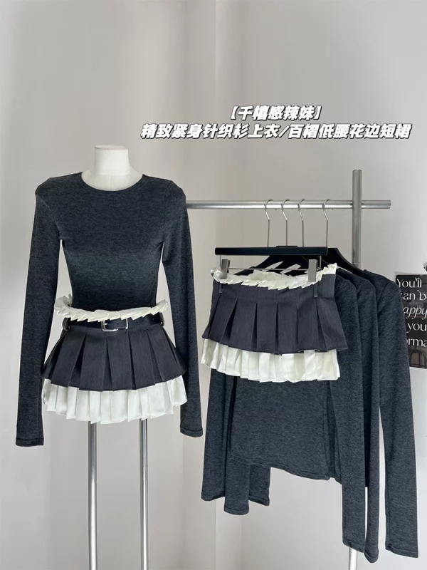 Y2K Aesthetic Dark Academia 2-Piece Set: Long Sleeve Top + A-line Patchwork Mini Skirt