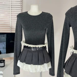 Y2K Aesthetic Dark Academia 2-Piece Set: Long Sleeve Top + A-line Patchwork Mini Skirt