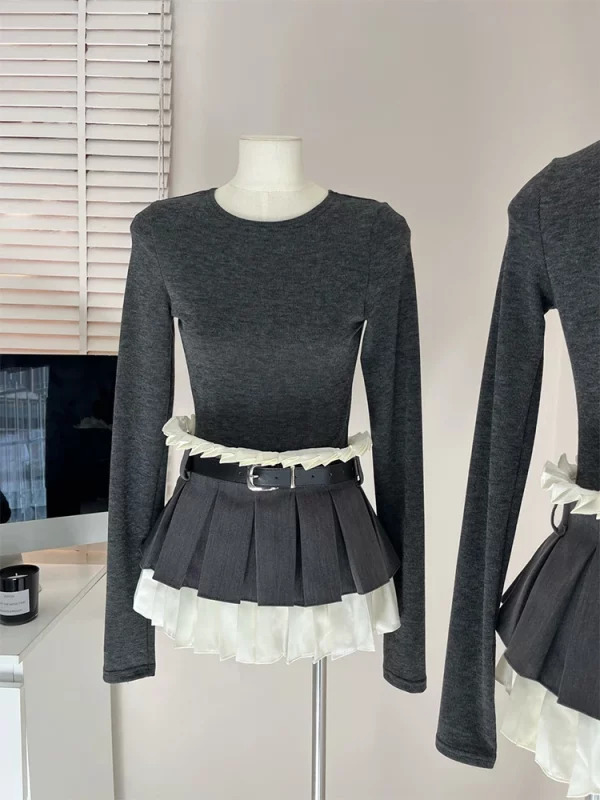 Y2K Aesthetic Dark Academia 2-Piece Set: Long Sleeve Top + A-line Patchwork Mini Skirt