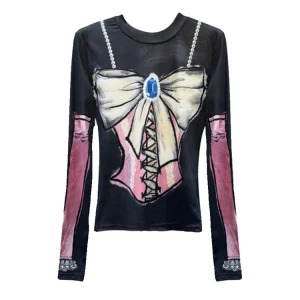 Y2K Aesthetic Dark Academia Gauze T-Shirt - Grunge Gothic Cyber Punk Streetwear Gyaru