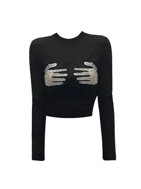 Y2K Aesthetic Dark Academia Rhinestone Bodycon T-Shirts - Gyaru Crop Tops