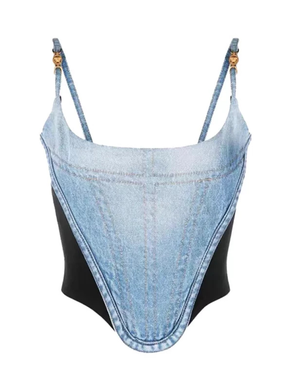 Y2K Aesthetic Denim Patchwork Camisole Coquette Halter Top - Women's Dark Academia 200