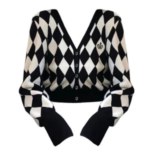 Y2K Aesthetic Diamond Check Cardigan Sweater - Vintage Korean Fashion Streetwear