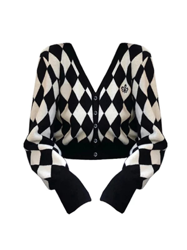 Y2K Aesthetic Diamond Check Cardigan Sweater - Vintage Korean Fashion Streetwear