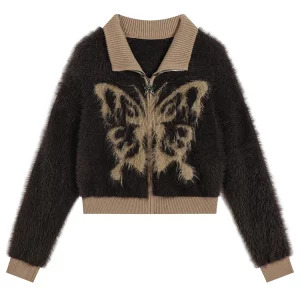 Y2K Aesthetic Fluffy Vintage Full Zip Cardigan - Autumn Winter Harajuku Fashion