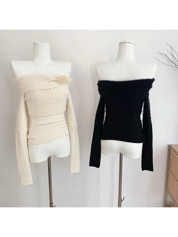 Y2K Aesthetic French Solid Color Ballet Core Slash Neck Jumper Pullovers Sweater