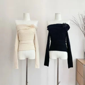 Y2K Aesthetic French Solid Color Ballet Core Slash Neck Jumper Pullovers Sweater