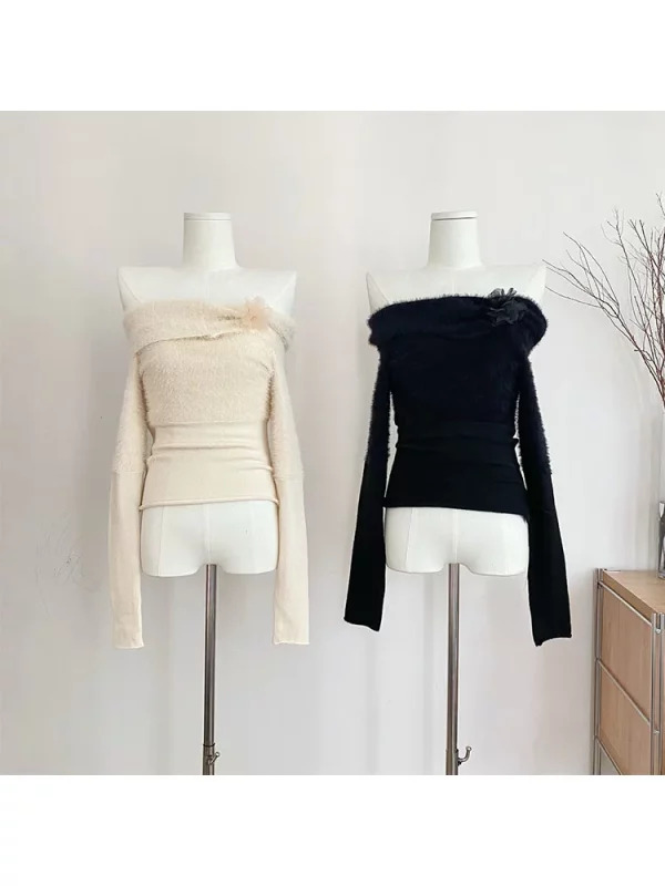 Y2K Aesthetic French Solid Color Ballet Core Slash Neck Jumper Pullovers Sweater