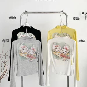 Y2K Aesthetic Graphic Crop Top - Autumn Women's Gyaru Cute Core 2000s Long Sleeve Turtleneck