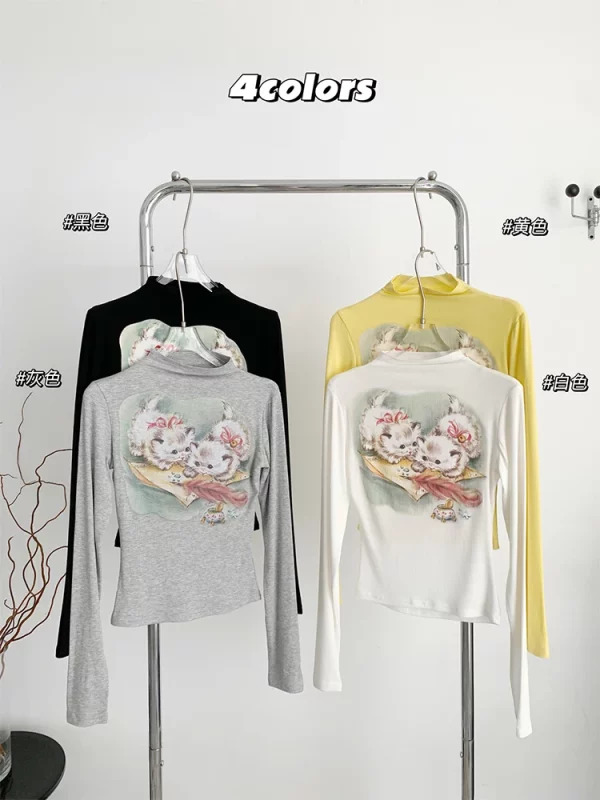 Y2K Aesthetic Graphic Crop Top - Autumn Women's Gyaru Cute Core 2000s Long Sleeve Turtleneck