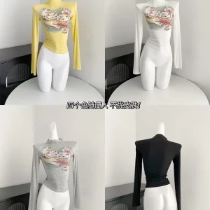 Y2K Aesthetic Graphic Crop Top - Autumn Women's Gyaru Cute Core 2000s Long Sleeve Turtleneck