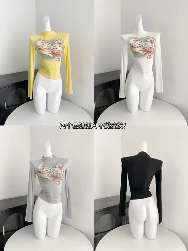 Y2K Aesthetic Graphic Crop Top - Autumn Women's Gyaru Cute Core 2000s Long Sleeve Turtleneck