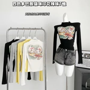 Y2K Aesthetic Graphic Crop Top - Autumn Women's Gyaru Cute Core 2000s Long Sleeve Turtleneck